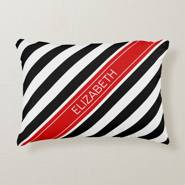 Black White Horz Preppy Stripe Red Name Monogram Decorative Pillow (Front)