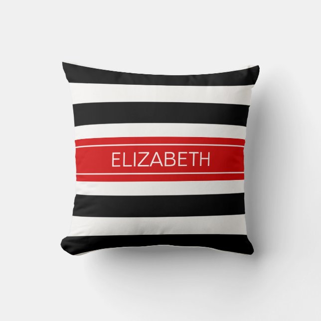 Black White Horz Preppy Stripe Red Name Monogram Throw Pillow (Front)