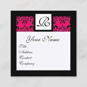 BLACK WHITE HOT PINK DAMASK SQUARE MONOGRAM SQUARE BUSINESS CARD