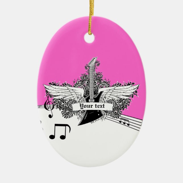 Black white hot pink electric guitar with wings ceramic ornament (Front)