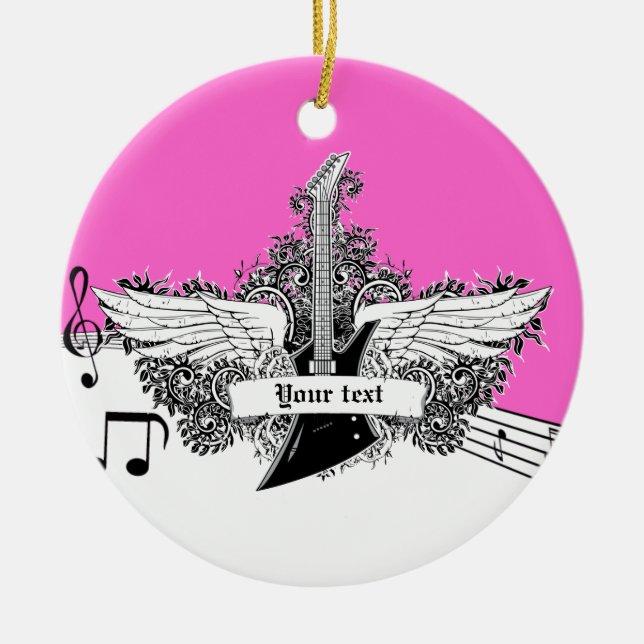Black white hot pink electric guitar with wings ceramic ornament (Front)