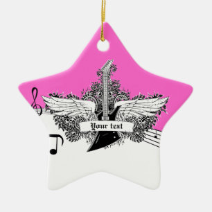 Black white hot pink electric guitar with wings ceramic ornament