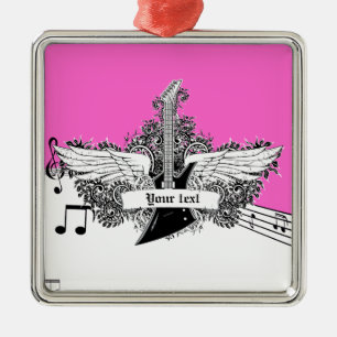 Black white hot pink electric guitar with wings metal ornament