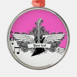 Black white hot pink electric guitar with wings metal ornament