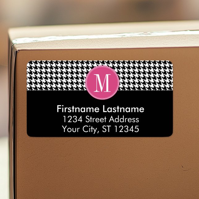Black White Hot Pink Houndstooth Pattern Monogram Label (Personalized return address label)