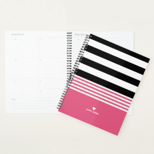 Black, White & Hot Pink Striped Personalized Planner