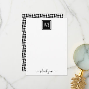 Black White Houndstooth Modern Monogram Thank You Card