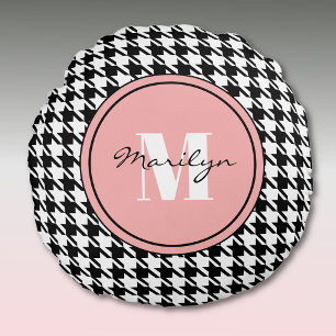 Black & White Houndstooth Pink Accent Round Pillow