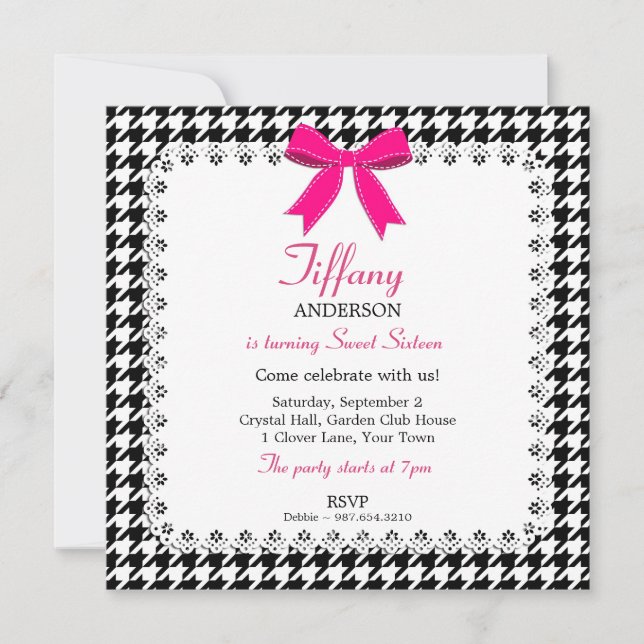 Black & White Houndstooth Pink Bow Lace Sweet 16 Invitation (Front)