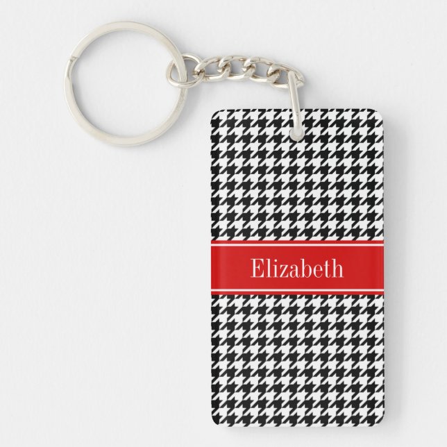 Black White Houndstooth Red Name Monogram Keychain (Front)