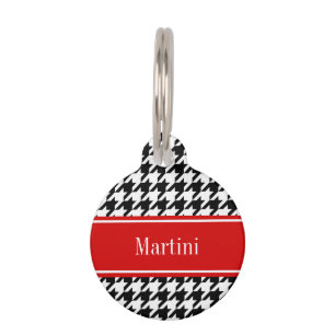 Black White Houndstooth Red Name Monogram Pet Tag