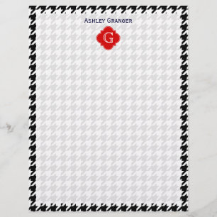 Black White Houndstooth Red Quatrefoil Monogram