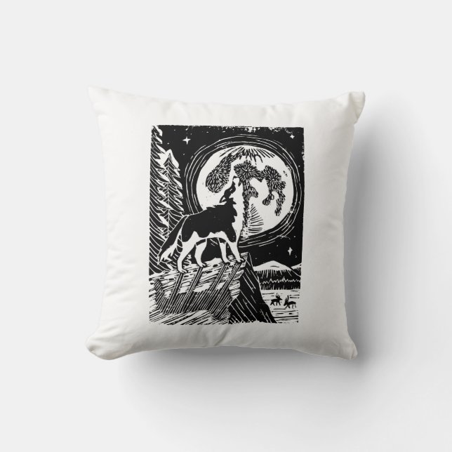 Black & White Howling Husky at Night Linocut Throw Pillow (Front)