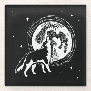Black & White Howling Husky Moon Linocut Glass Coaster