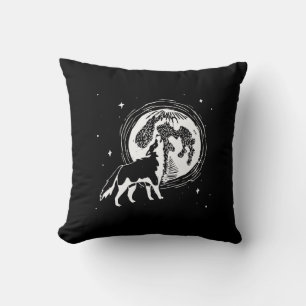 Black & White Howling Husky Moon Linocut Pattern Throw Pillow