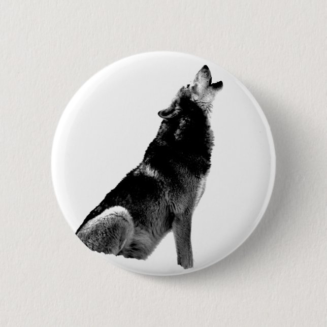 Black White Howling Wolf 2 Inch Round Button (Front)