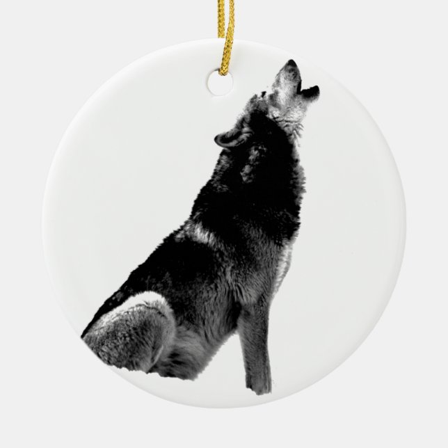 Black White Howling Wolf Ceramic Ornament (Front)