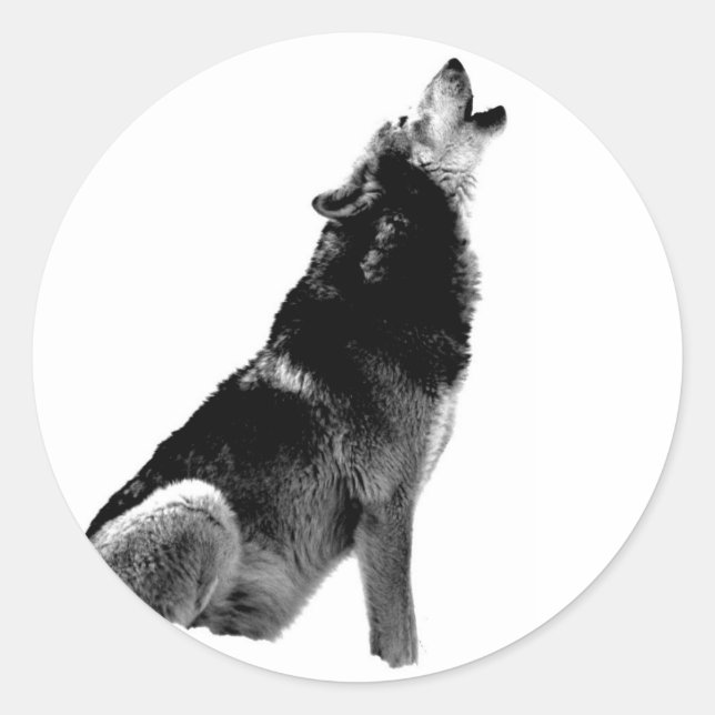 Black White Howling Wolf Classic Round Sticker (Front)