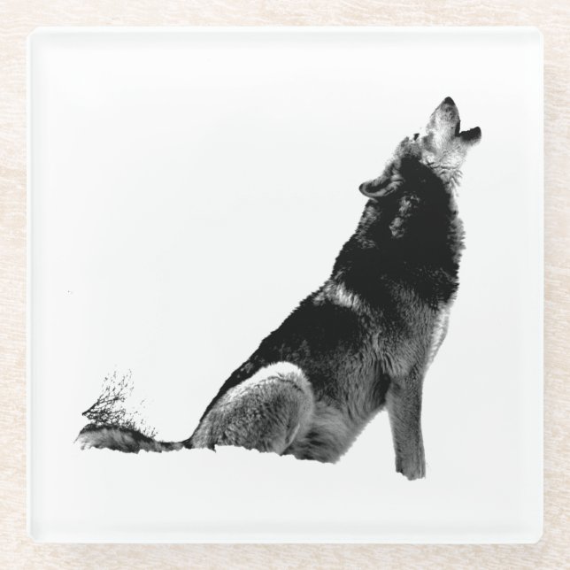 Black White Howling Wolf Glass Coaster (Front)