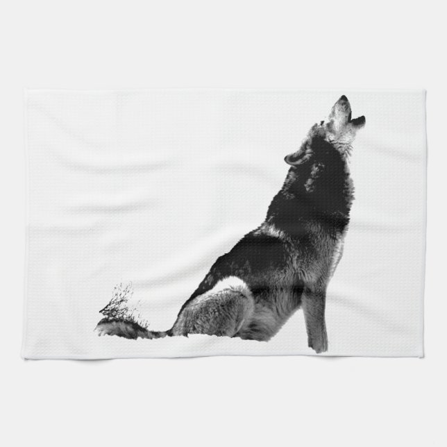 Black White Howling Wolf Kitchen Towel (Horizontal)