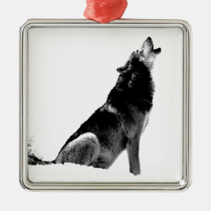 Black White Howling Wolf Metal Ornament