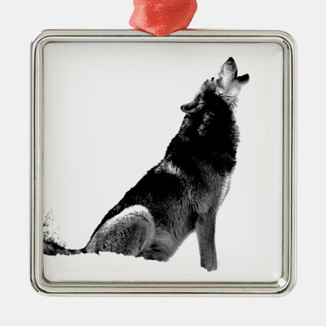 Black White Howling Wolf Metal Ornament (Front)
