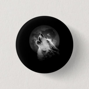 Black & White Howling Wolf & Moon 1 Inch Round Button