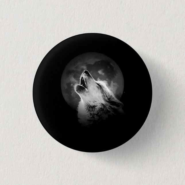 Black & White Howling Wolf & Moon 1 Inch Round Button (Front)