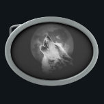Black & White Howling Wolf & Moon Belt Buckle<br><div class="desc">A wolf is still a wolf,  even when he's alone. Perhaps a wolf is even more of a wolf when he's alone.</div>