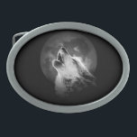 Black & White Howling Wolf & Moon Belt Buckle<br><div class="desc">A wolf is still a wolf,  even when he's alone. Perhaps a wolf is even more of a wolf when he's alone.</div>