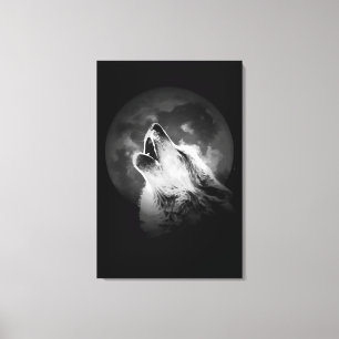 Black & White Howling Wolf & Moon Canvas Print