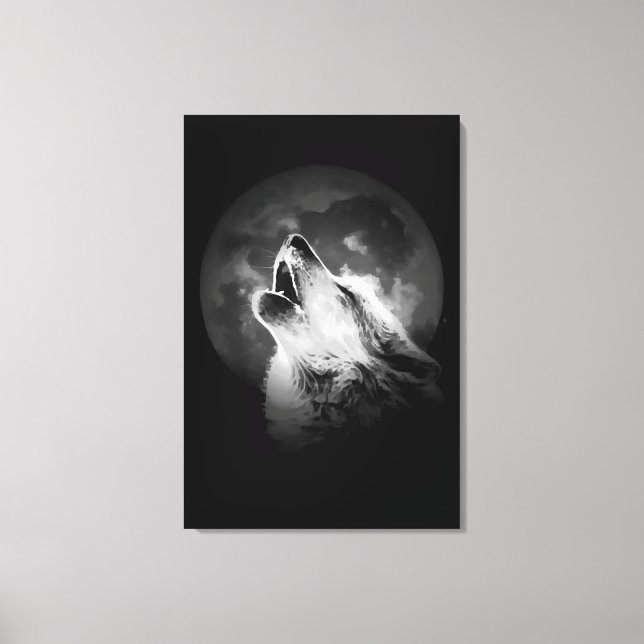 Black & White Howling Wolf & Moon Canvas Print (Front)