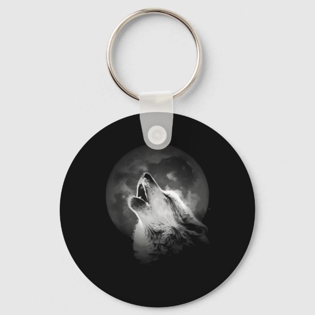 Black & White Howling Wolf & Moon Keychain (Front)