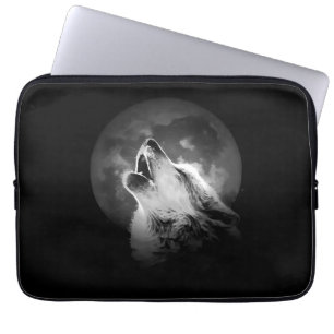 Black & White Howling Wolf & Moon Laptop Sleeve