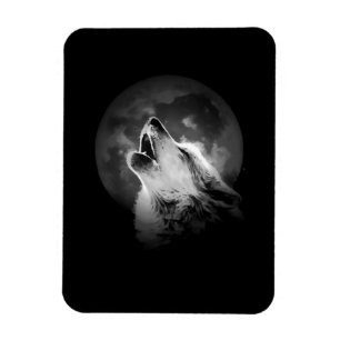 Black & White Howling Wolf & Moon Magnet