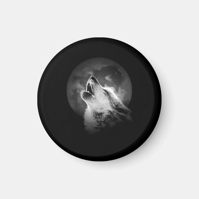 Black & White Howling Wolf & Moon Magnet (Front)