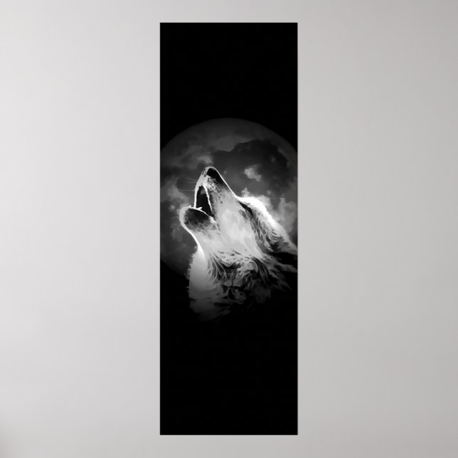 Black & White Howling Wolf & Moon Poster (Front)