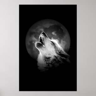 Black & White Howling Wolf & Moon Poster