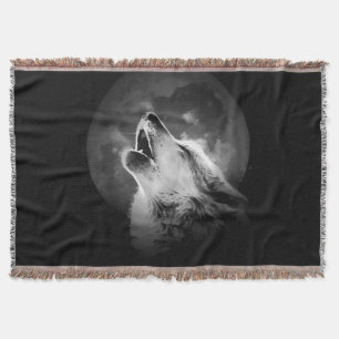 Black & White Howling Wolf & Moon Throw Blanket