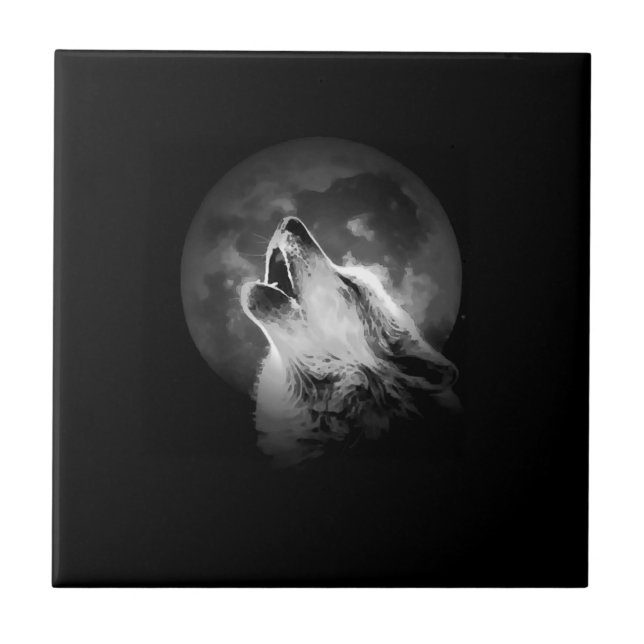 Black & White Howling Wolf & Moon Tile (Front)