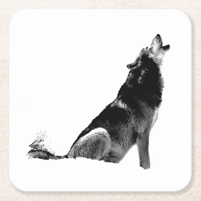 Black White Howling Wolf Square Paper Coaster (Front)