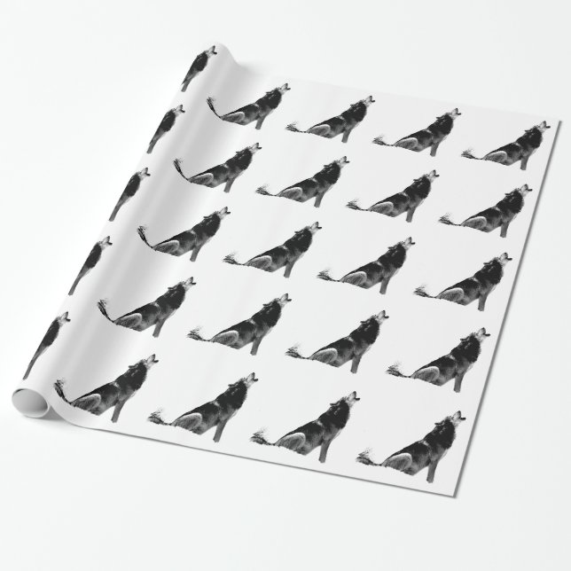 Black White Howling Wolf Wrapping Paper (Unrolled)