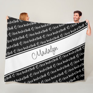 black white I love basketball text pattern Fleece Blanket