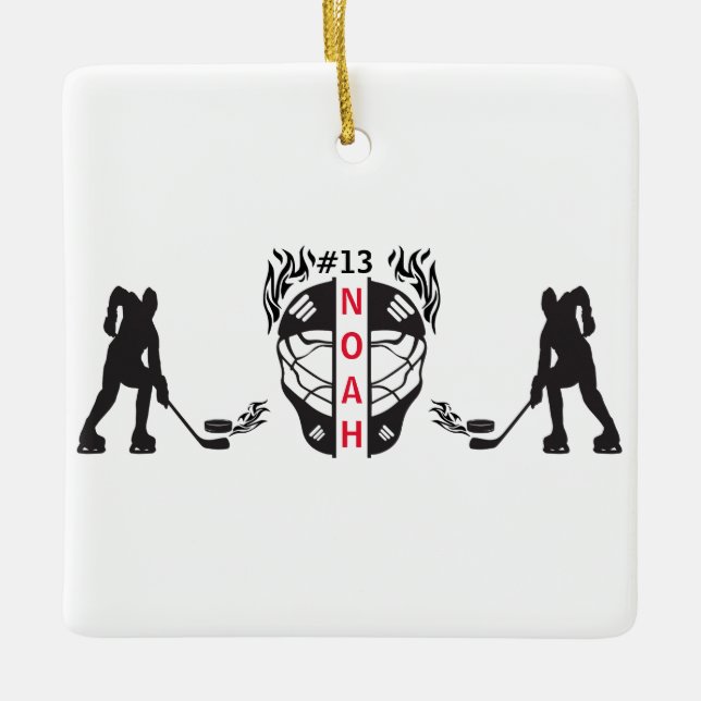 Black & White Ice Hockey Goal Keeper Ceramic Ornament (Front)