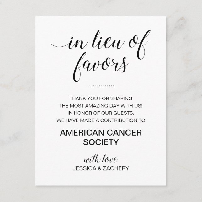 Black White In Lieu Of Wedding Favours Charity Enclosure Card (Front)