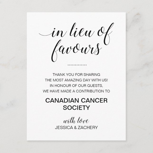 Black White In Lieu Of Wedding Favours Charity Enclosure Card (Front)