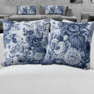 Black White Indigo Blue Tone Vintage Floral Toile Throw Pillow