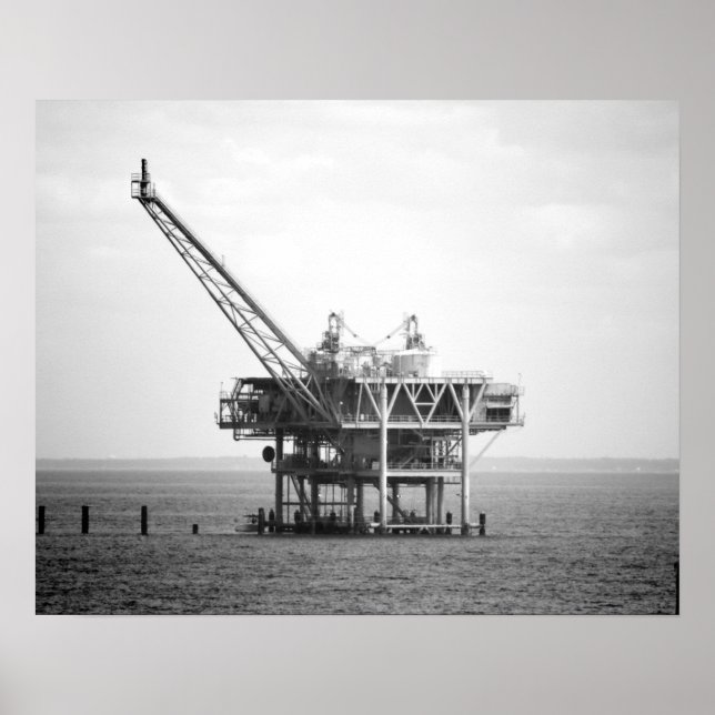 Black & White Industrial Rig in the Gulf 16x20  Poster (Front)