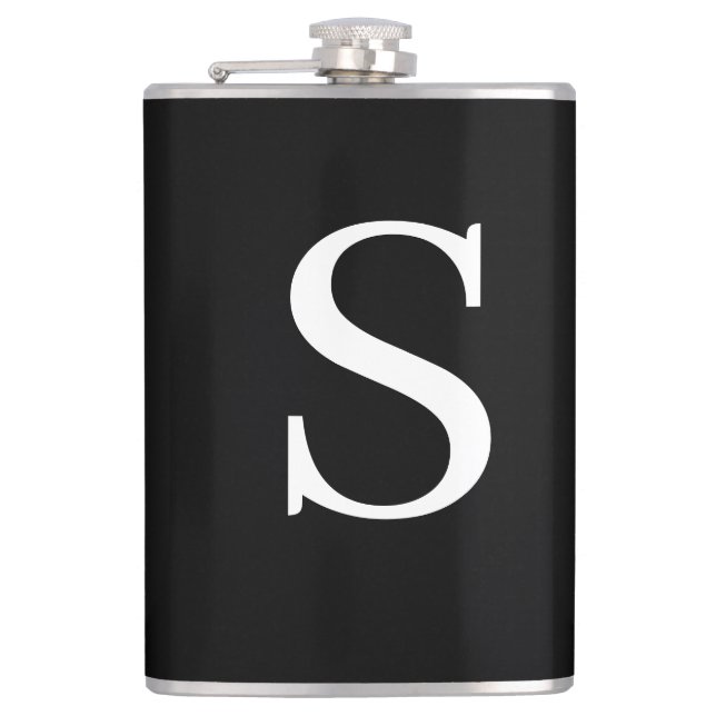 Black & White Initial Letter Monogrammed Plain Hip Flask (Front)