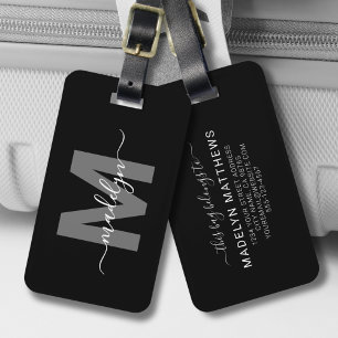 Black White Initial Name Monogram Luggage Tag